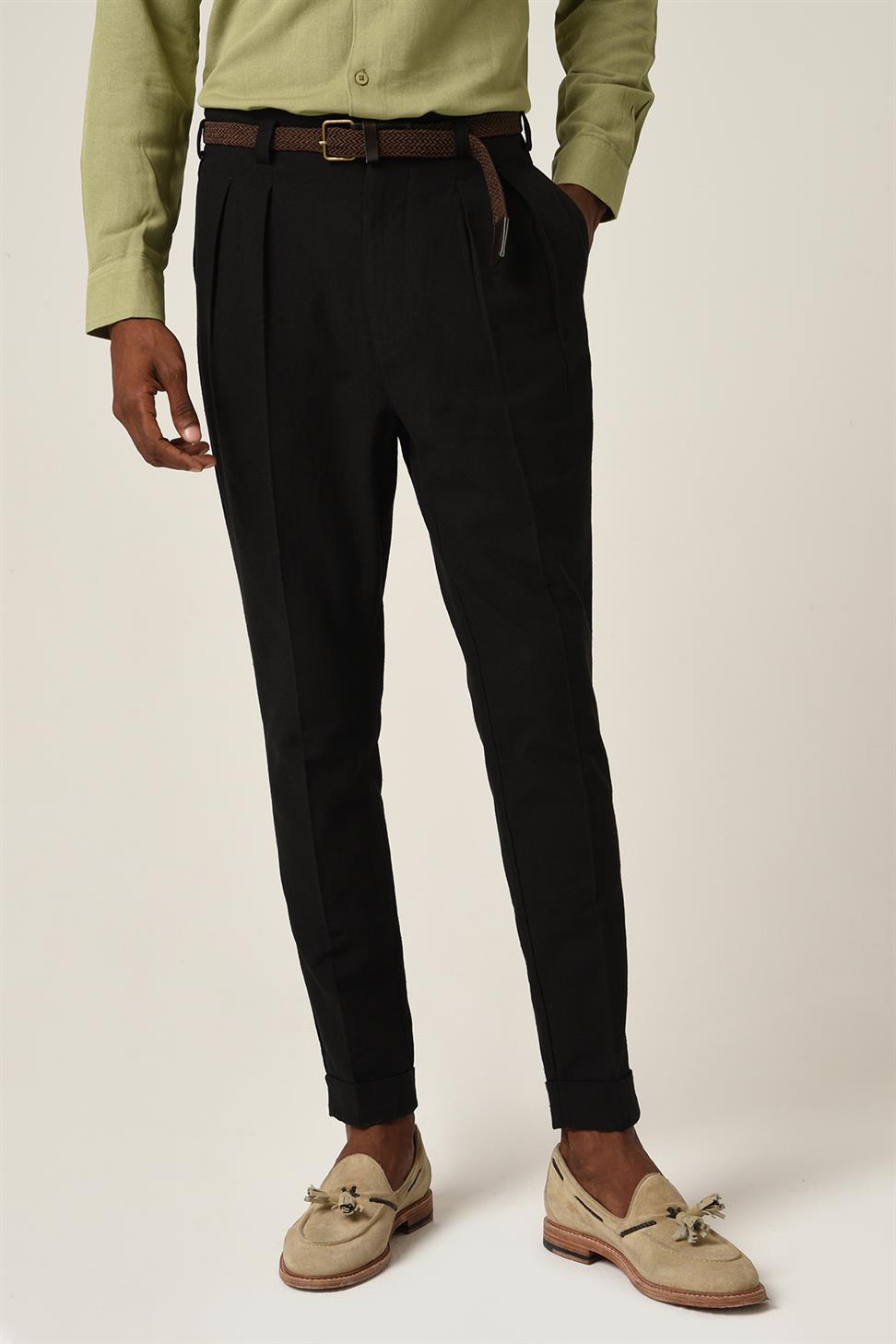 بنطلون كتان مطوي بحزام خصر عالي
