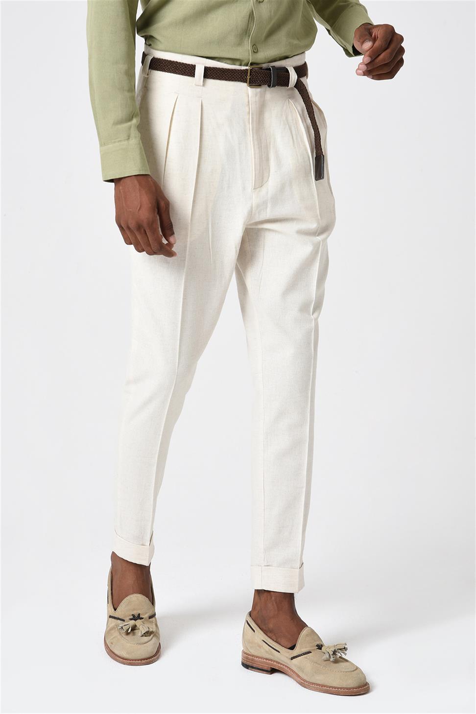 بنطلون كتان مطوي بحزام خصر عالي