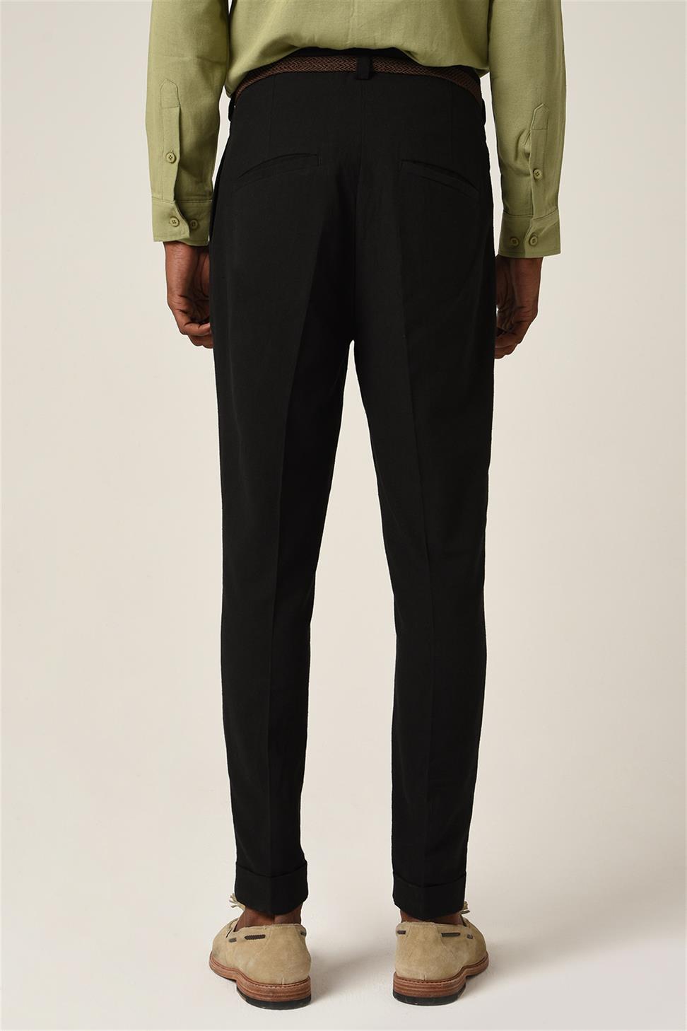 بنطلون كتان مطوي بحزام خصر عالي