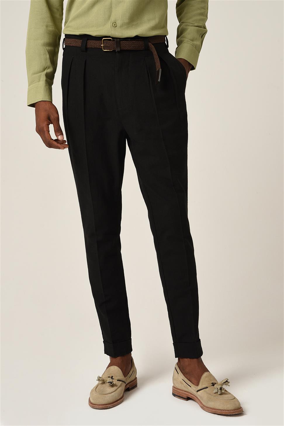 بنطلون كتان مطوي بحزام خصر عالي