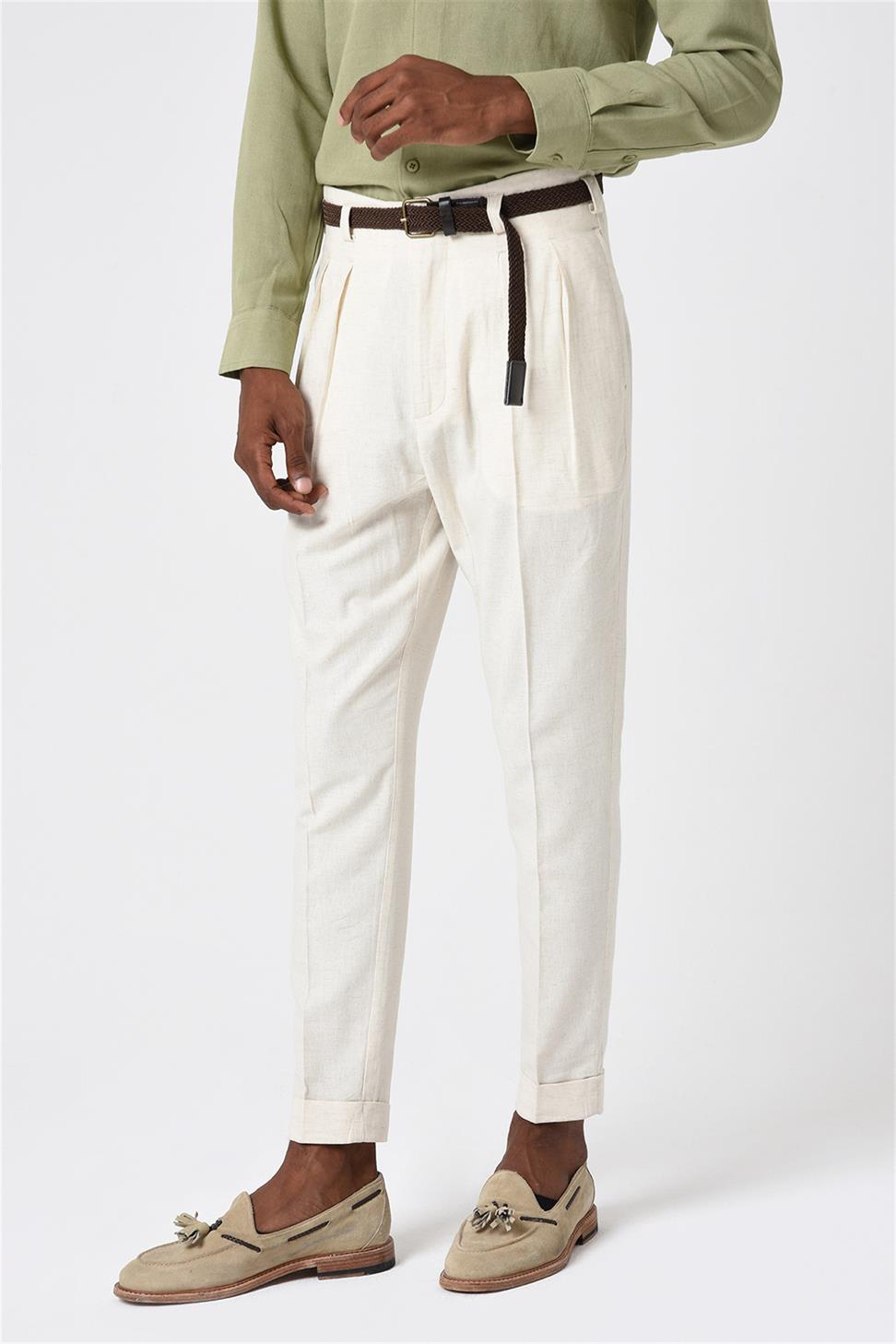 بنطلون كتان مطوي بحزام خصر عالي