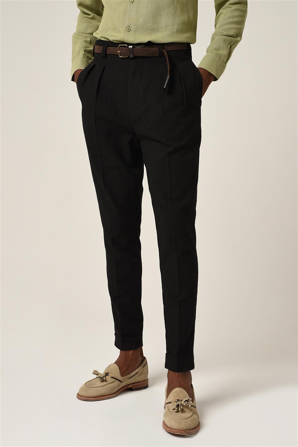 بنطلون كتان مطوي بحزام خصر عالي