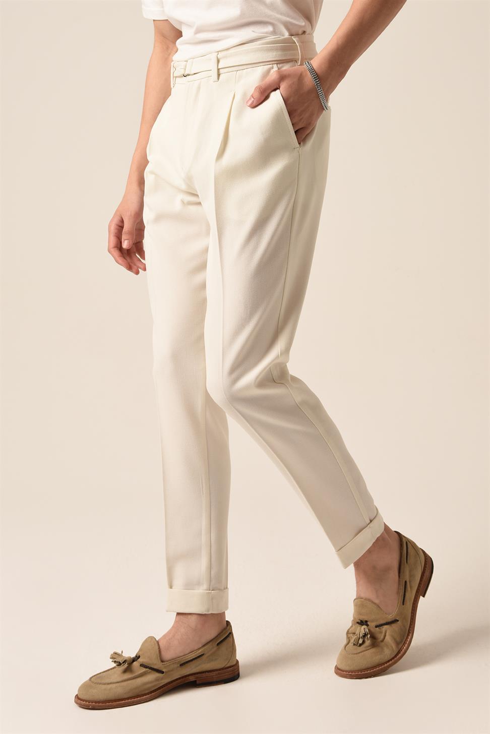 بنطلون مطوي بحزام عالي الخصر