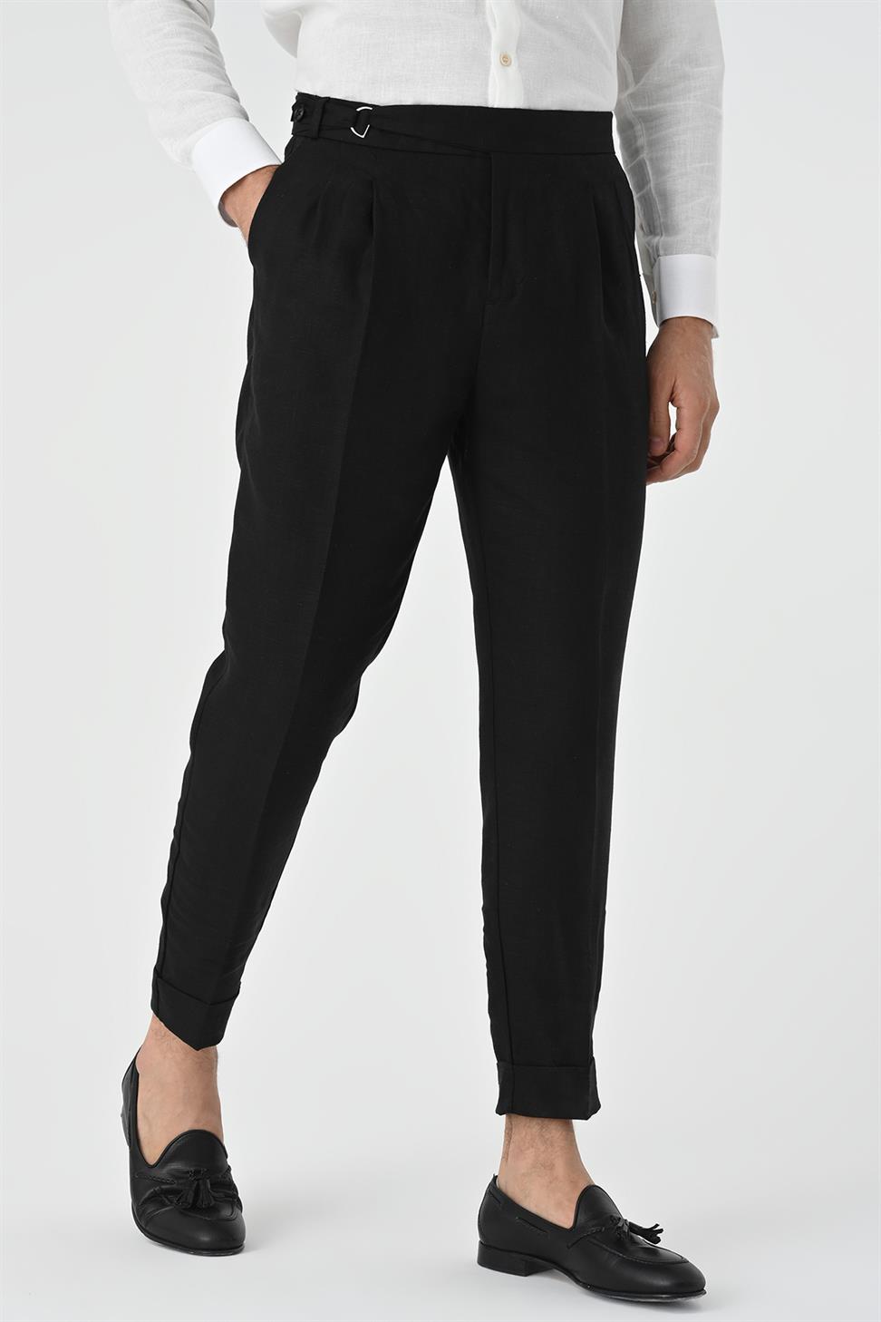 بنطلون رجالي عالي الخصر من مزيج الكتان مطوي