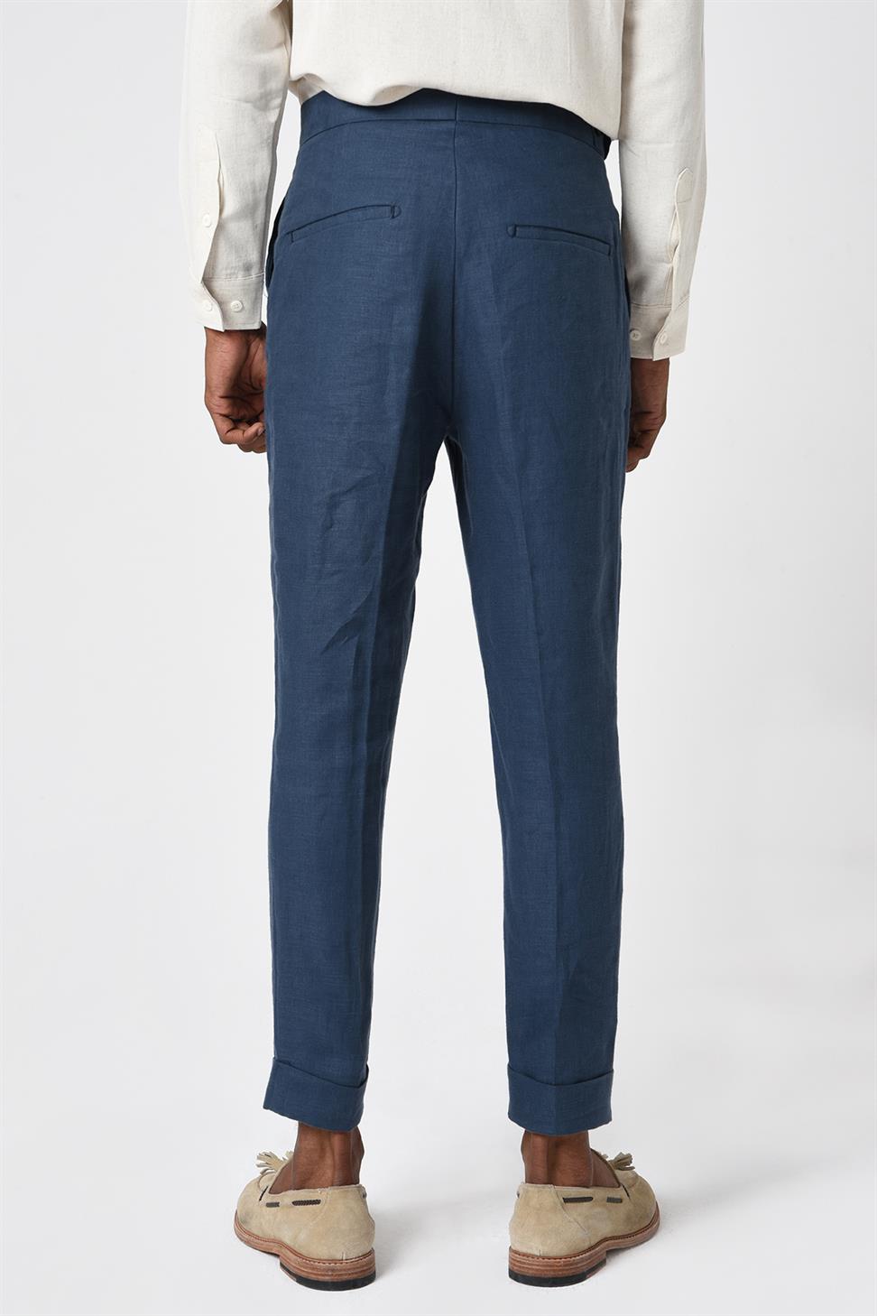 بنطلون رجالي عالي الخصر من مزيج الكتان مطوي