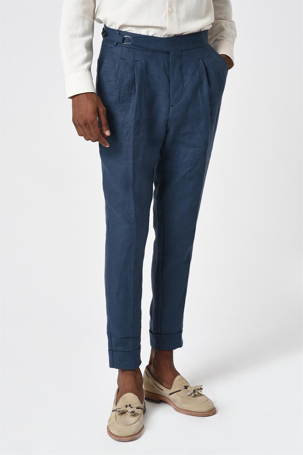 بنطلون رجالي عالي الخصر من مزيج الكتان مطوي