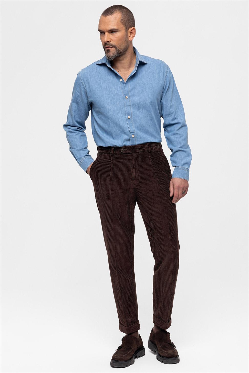 بنطلون مخملي عالي الخصر مطوي للرجال