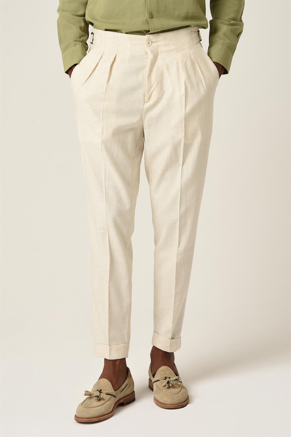 بنطلون كتان عالي الخصر مطوي للرجال