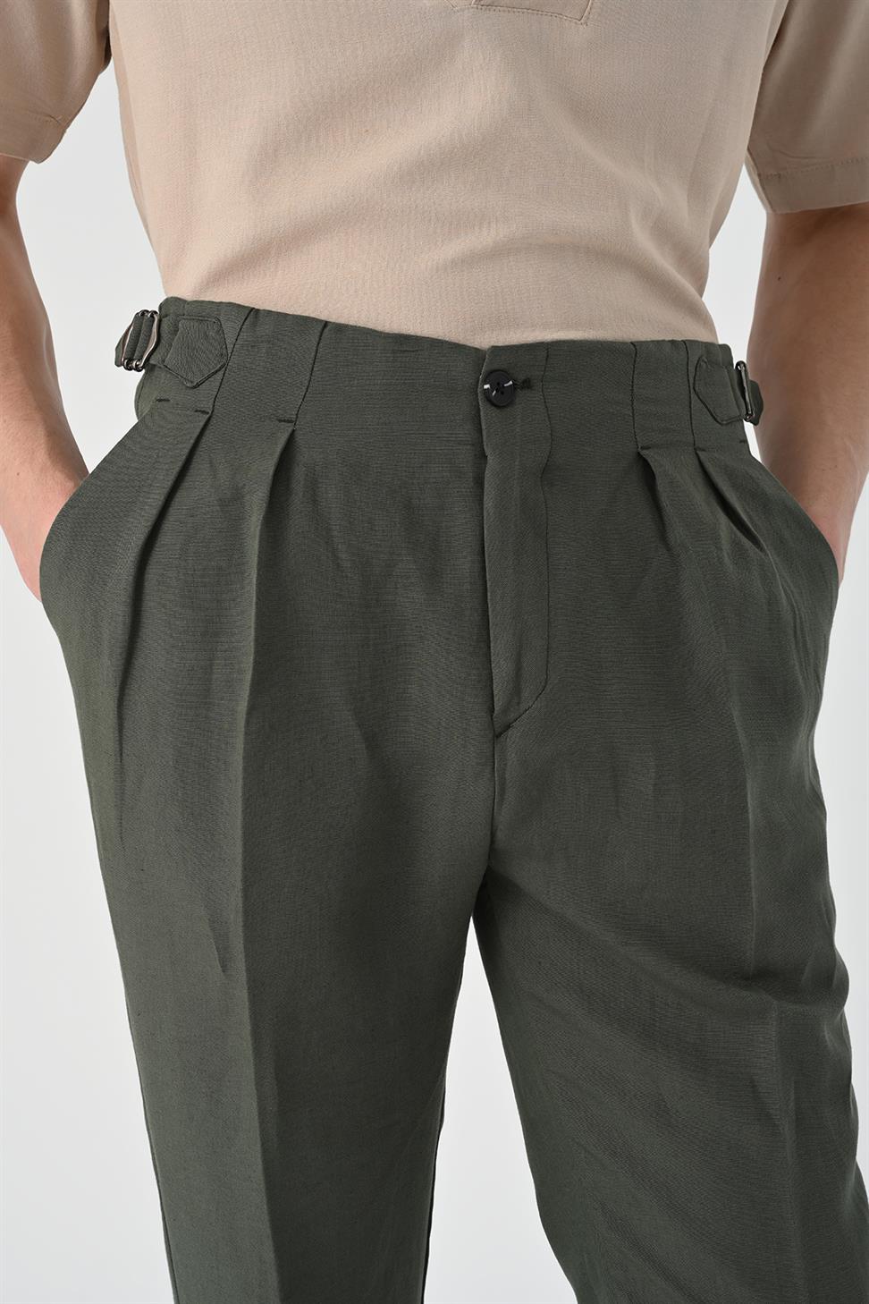 بنطلون كتان عالي الخصر مطوي للرجال