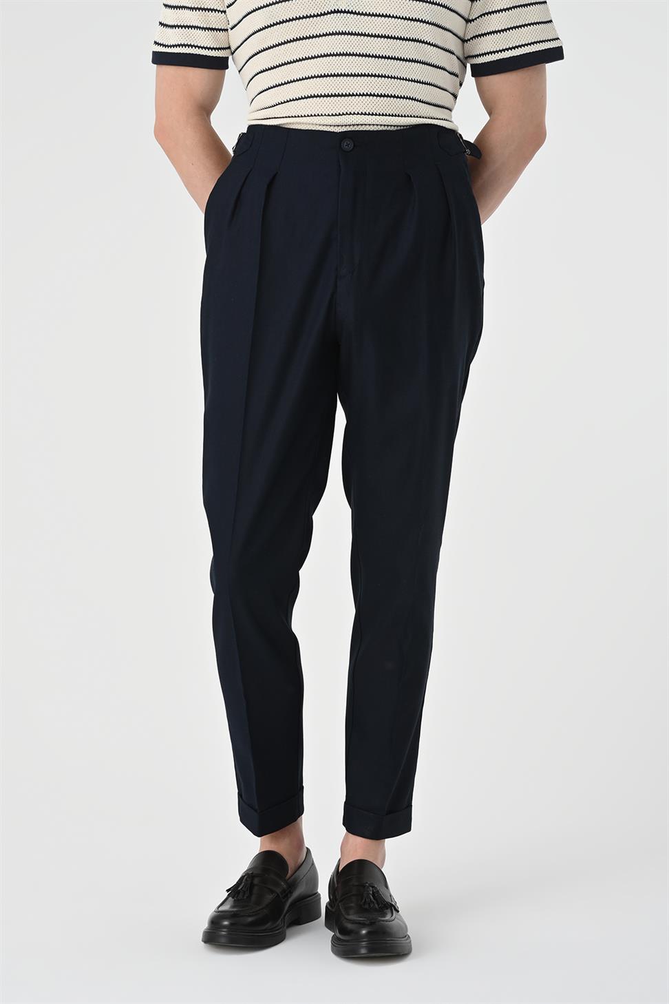 بنطلون كتان عالي الخصر مطوي للرجال