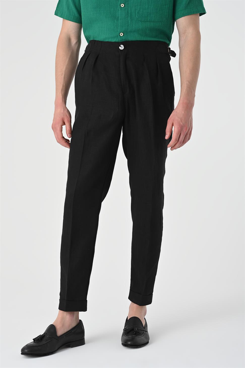 بنطلون كتان عالي الخصر مطوي للرجال