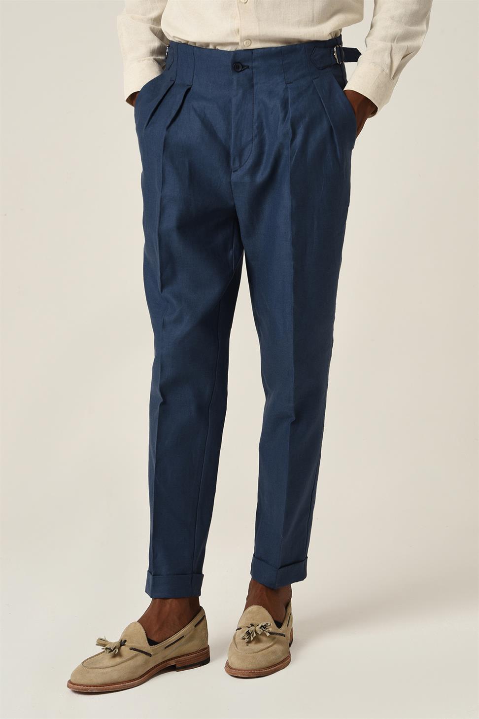 بنطلون كتان عالي الخصر مطوي للرجال