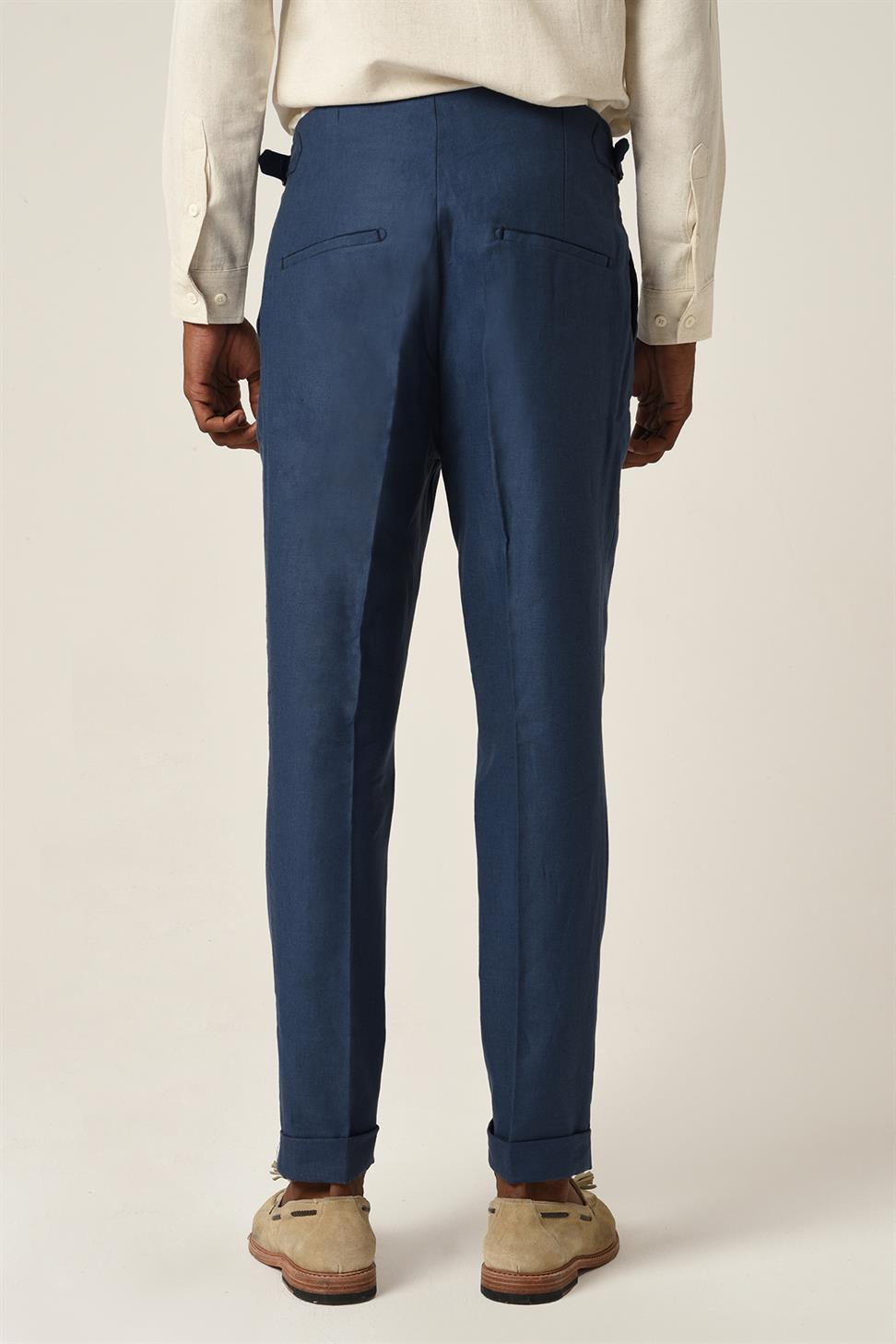 بنطلون كتان عالي الخصر مطوي للرجال