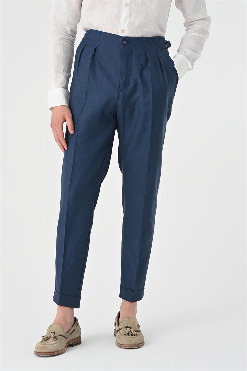بنطلون كتان عالي الخصر مطوي للرجال