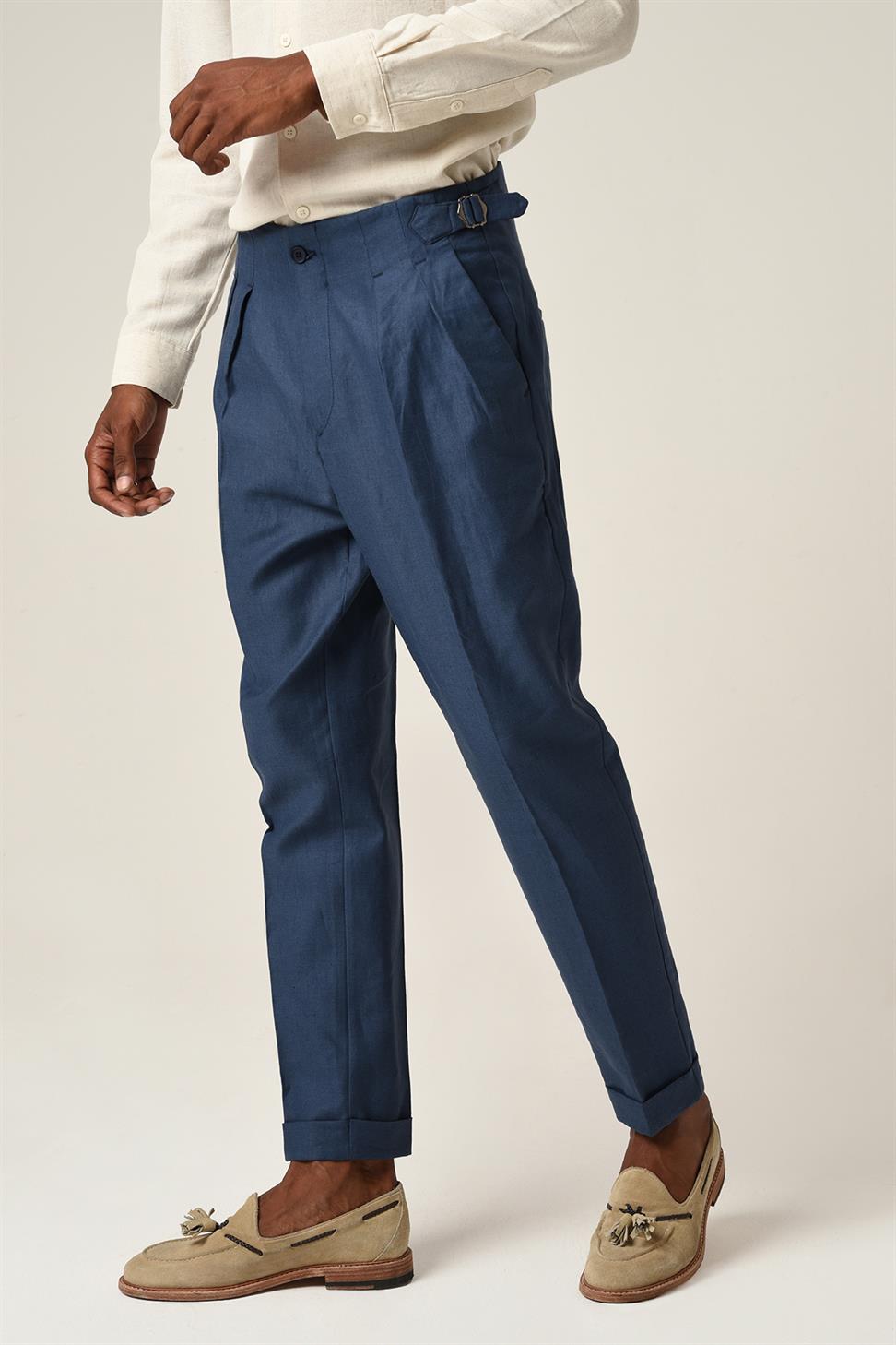 بنطلون كتان عالي الخصر مطوي للرجال