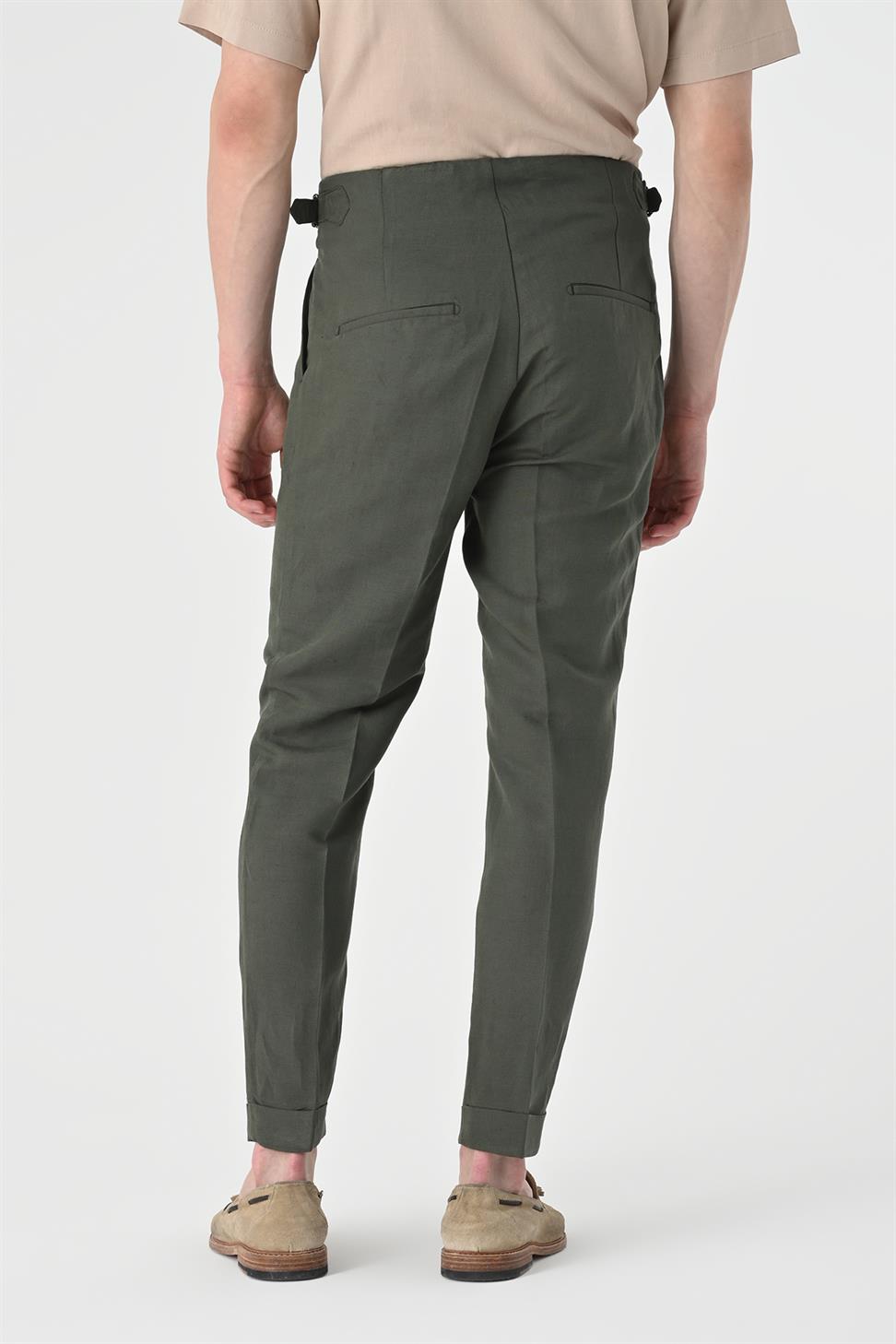 بنطلون كتان عالي الخصر مطوي للرجال