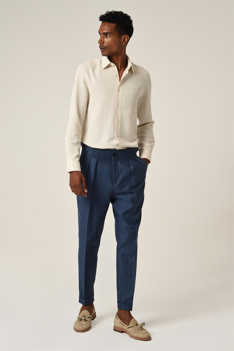 بنطلون كتان عالي الخصر مطوي للرجال