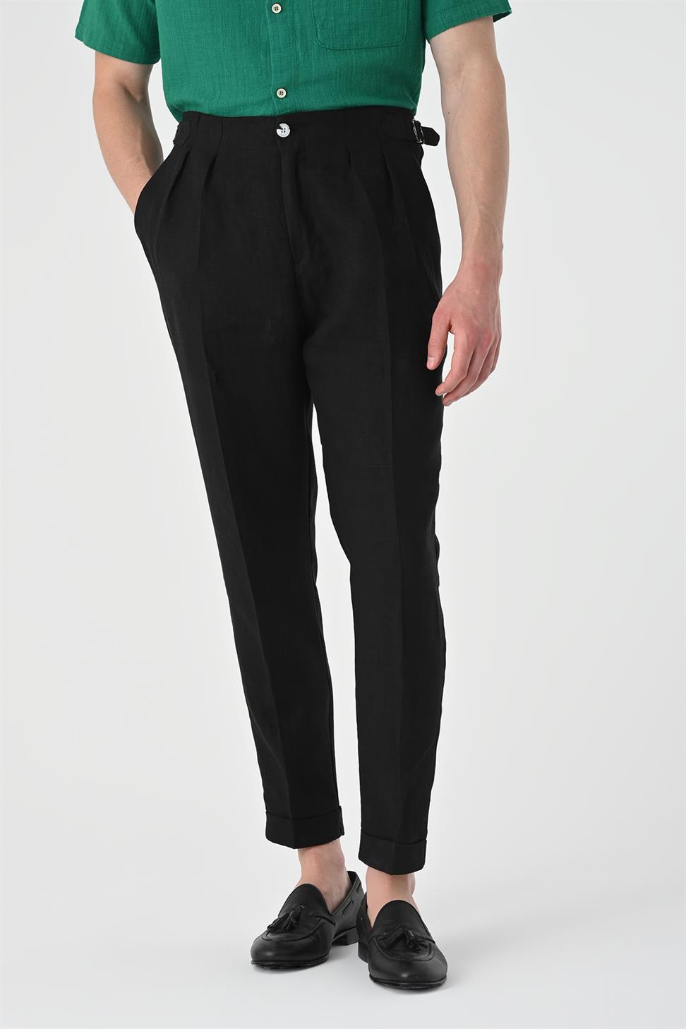 بنطلون كتان عالي الخصر مطوي للرجال