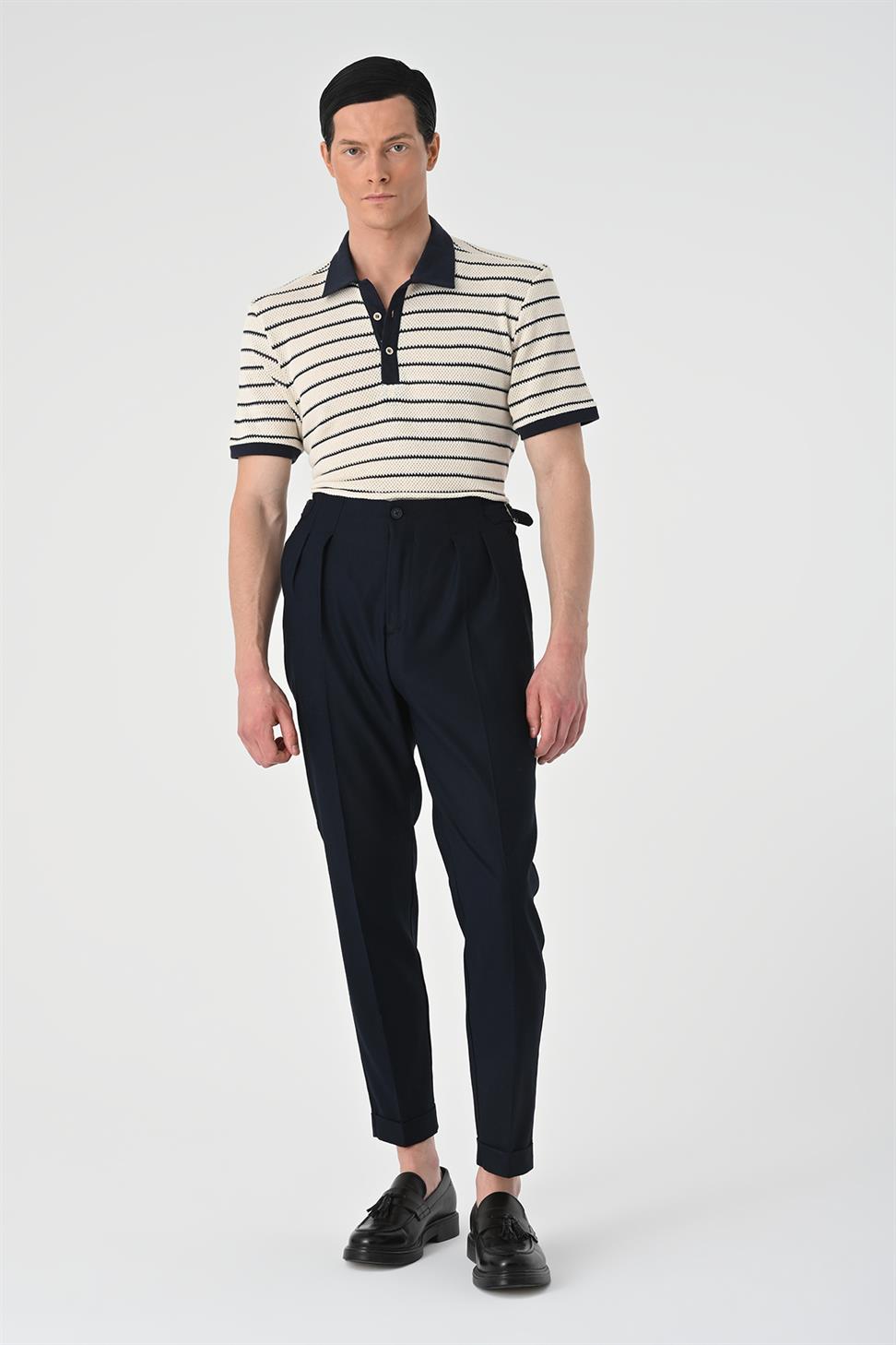 بنطلون كتان عالي الخصر مطوي للرجال