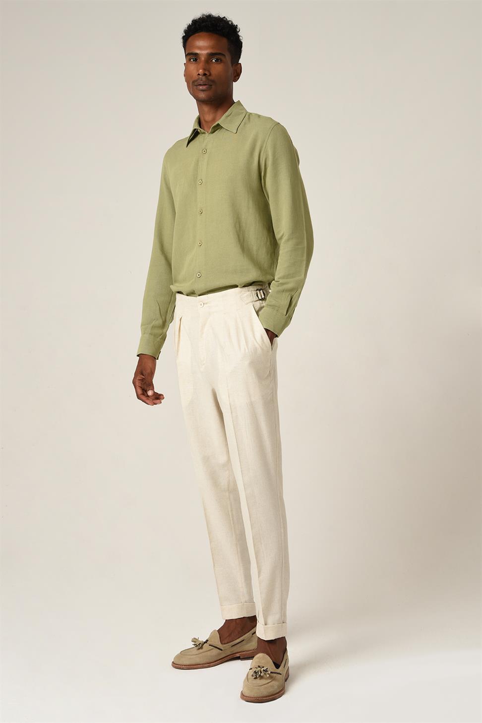 بنطلون كتان عالي الخصر مطوي للرجال