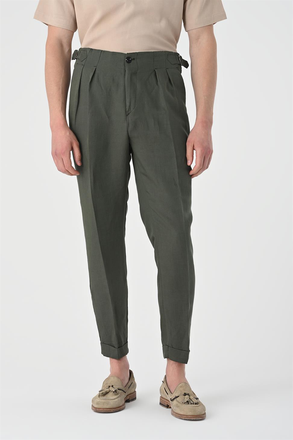 بنطلون كتان عالي الخصر مطوي للرجال