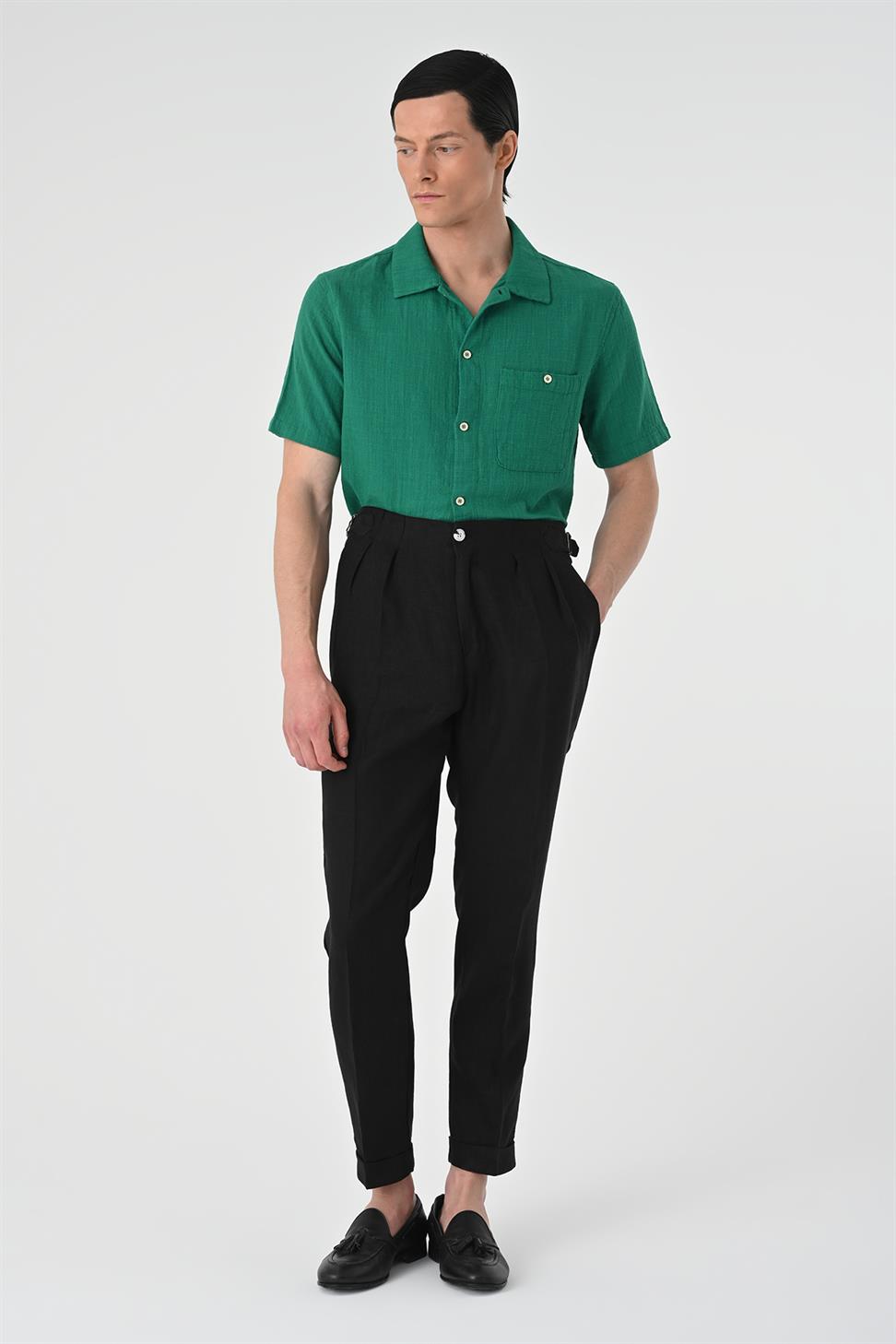 بنطلون كتان عالي الخصر مطوي للرجال