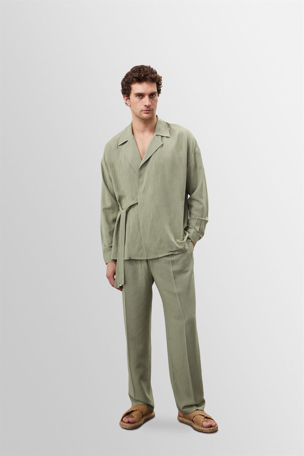 ارتفاع الخصر مطوي الكتان مزيج السراويل الرجالية