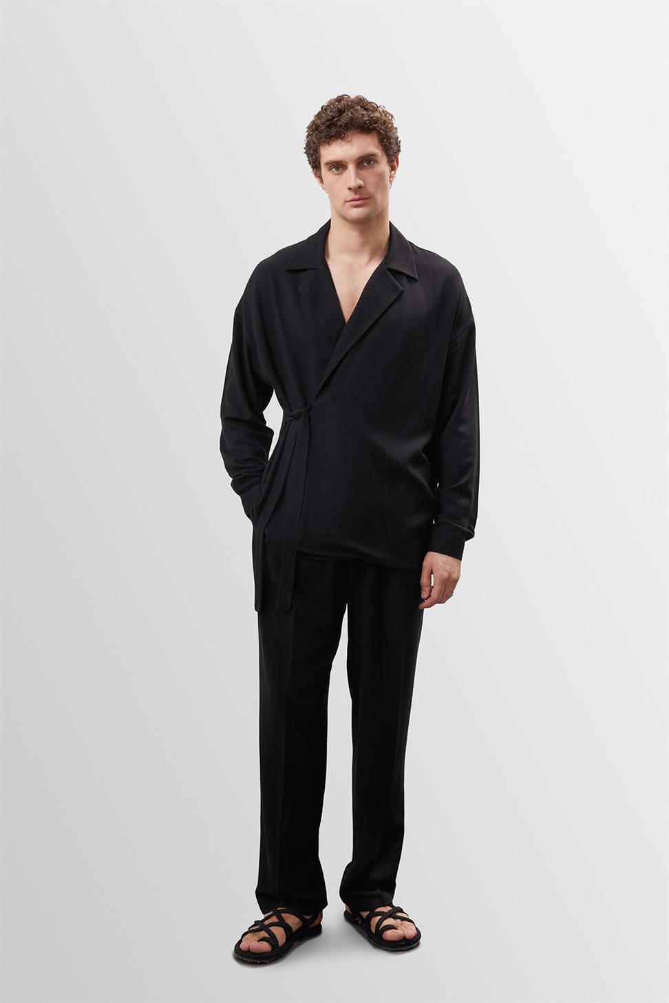 ارتفاع الخصر مطوي الكتان مزيج السراويل الرجالية