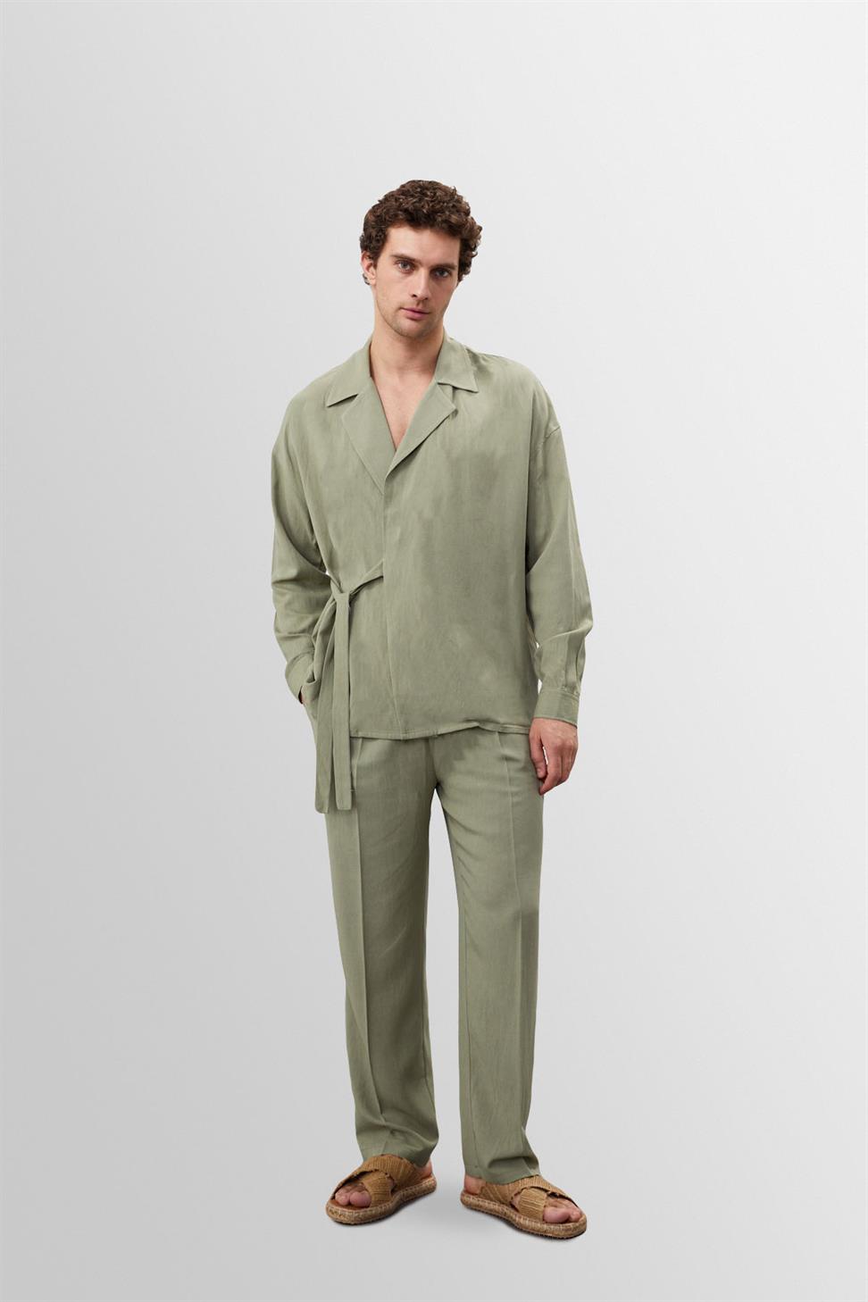 ارتفاع الخصر مطوي الكتان مزيج السراويل الرجالية