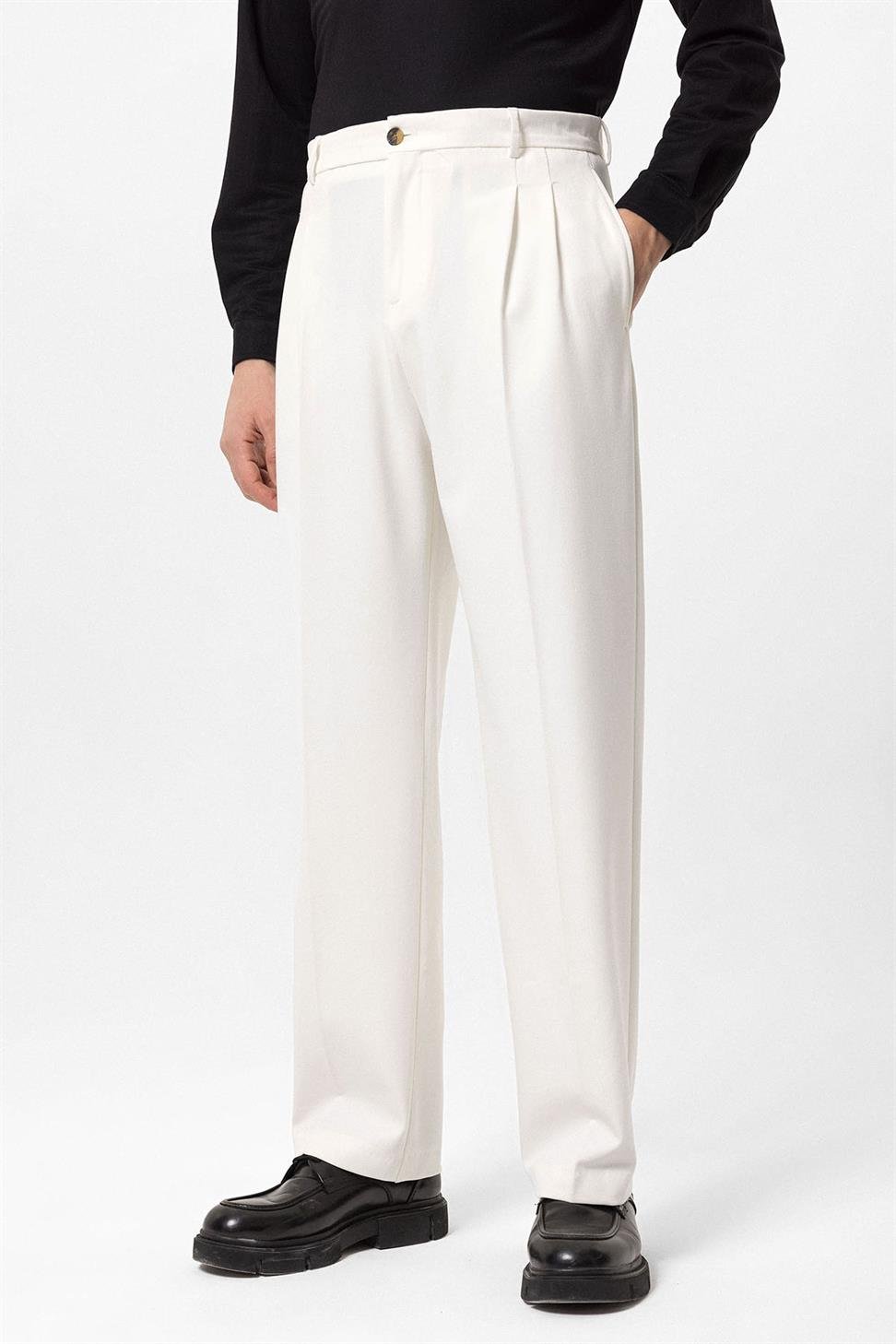 Antioch Ekru Yüksek Bel Pileli Rahat Kalıp Erkek Pantolon