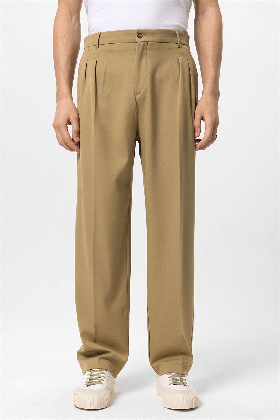 Antioch Açık Vizon Yüksek Bel Pileli Rahat Kalıp Erkek Pantolon