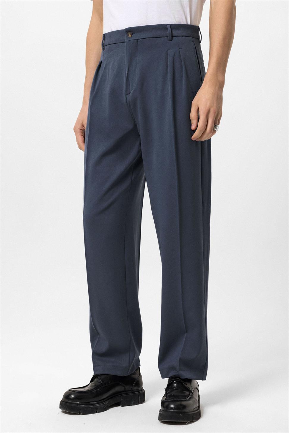 Antioch Lacivert Yüksek Bel Pileli Rahat Kalıp Erkek Pantolon