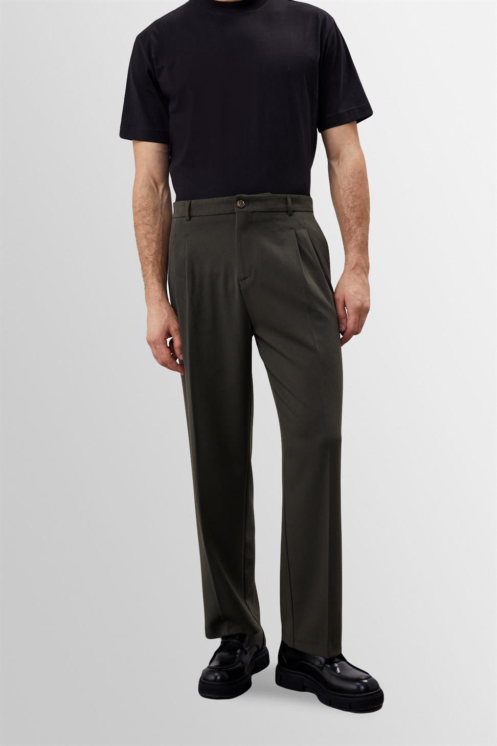 Antioch Koyu Haki Yüksek Bel Pileli Rahat Kalıp Erkek Pantolon