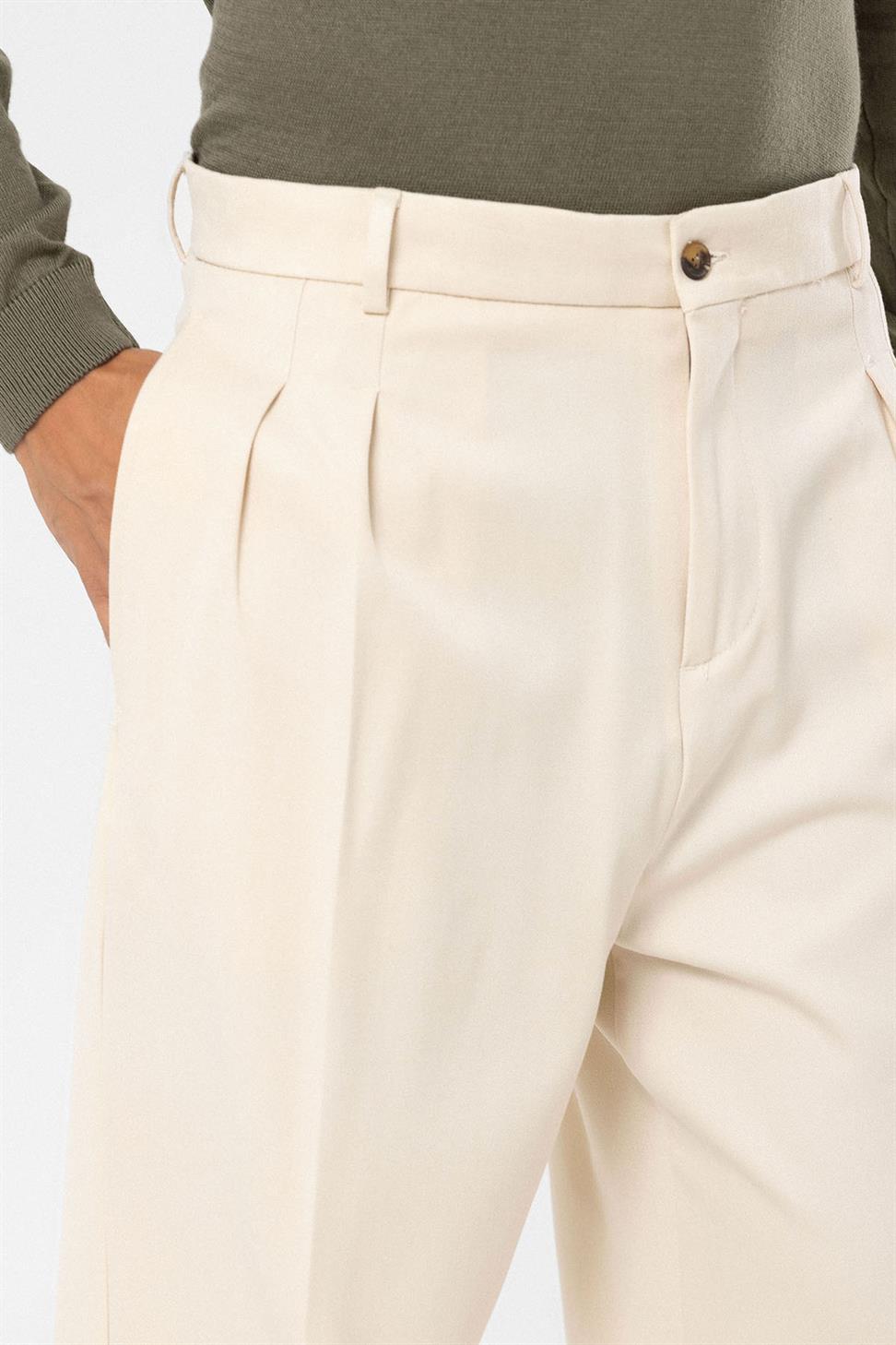 Antioch Koyu Ekru Yüksek Bel Pileli Rahat Kalıp Erkek Pantolon