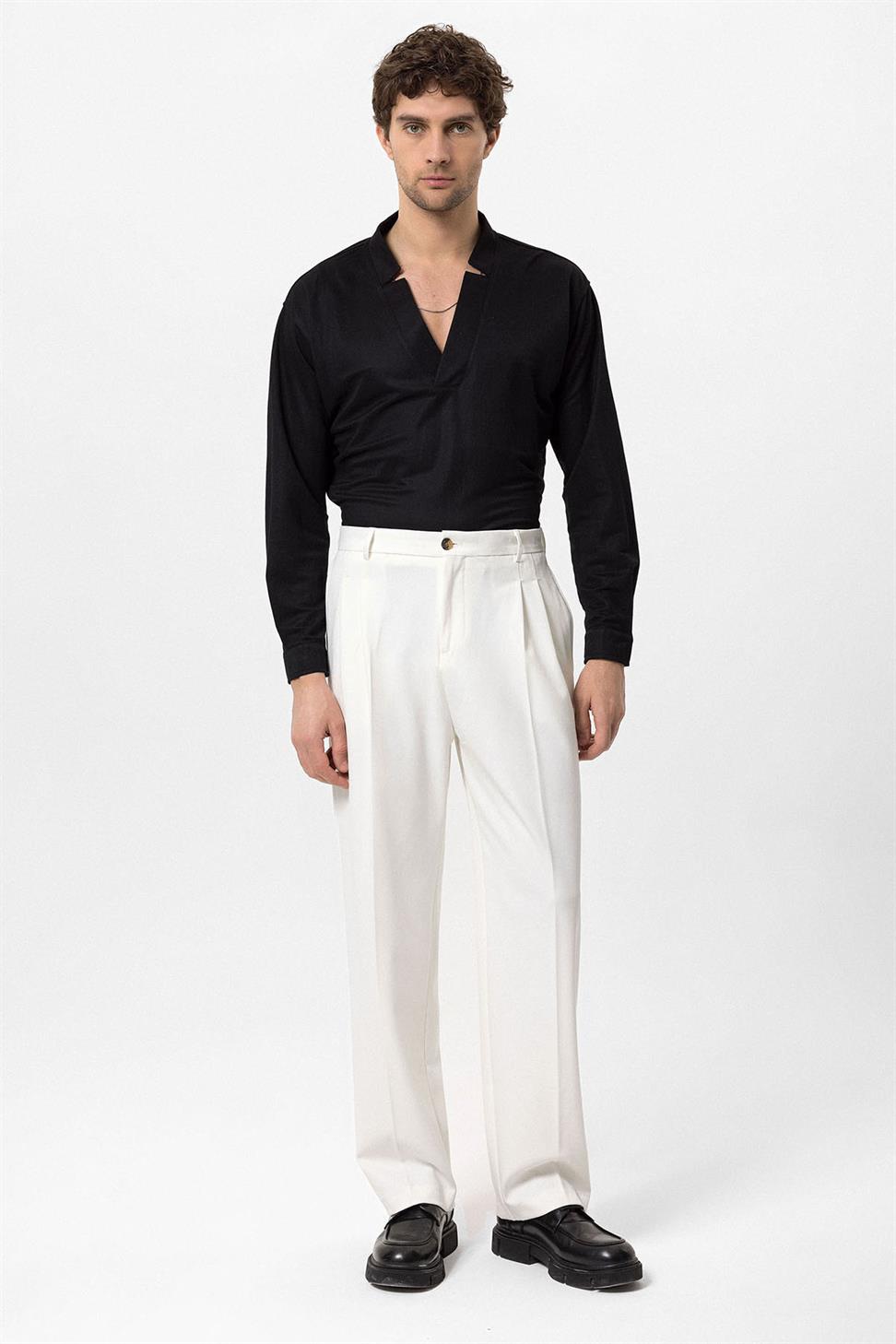 Antioch Ekru Yüksek Bel Pileli Rahat Kalıp Erkek Pantolon