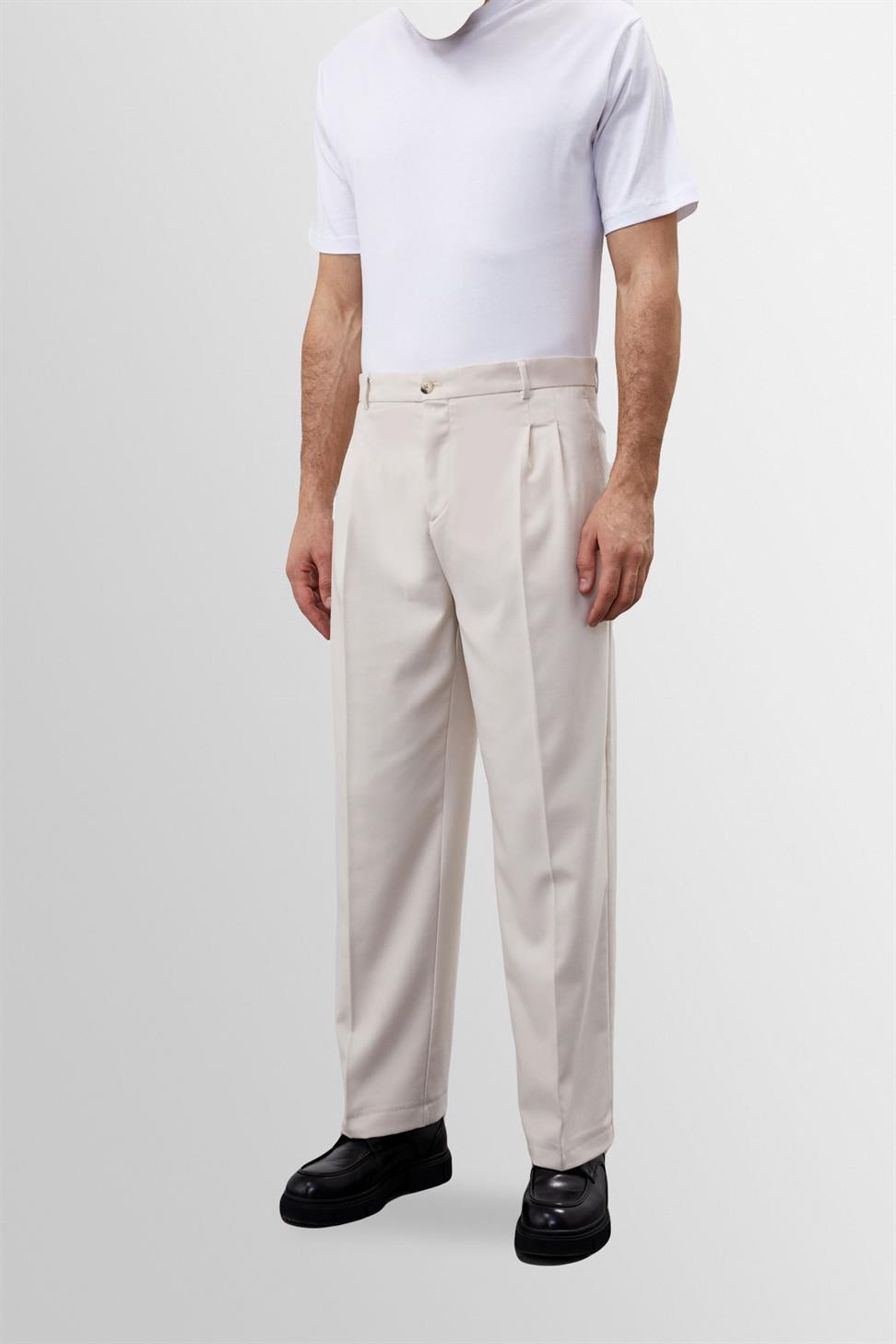 Antioch Açık Bej Yüksek Bel Pileli Rahat Kalıp Erkek Pantolon