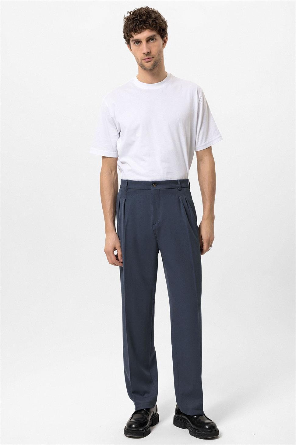 Antioch Lacivert Yüksek Bel Pileli Rahat Kalıp Erkek Pantolon