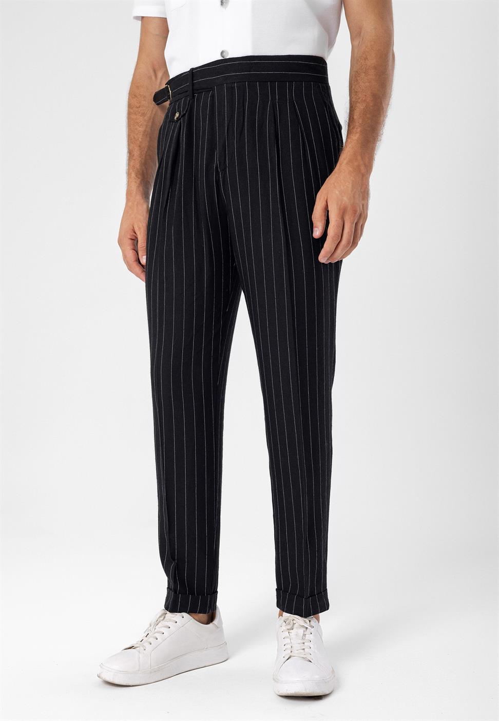 ارتفاع الخصر مشبك التفاصيل بنطلون مخطط للرجال