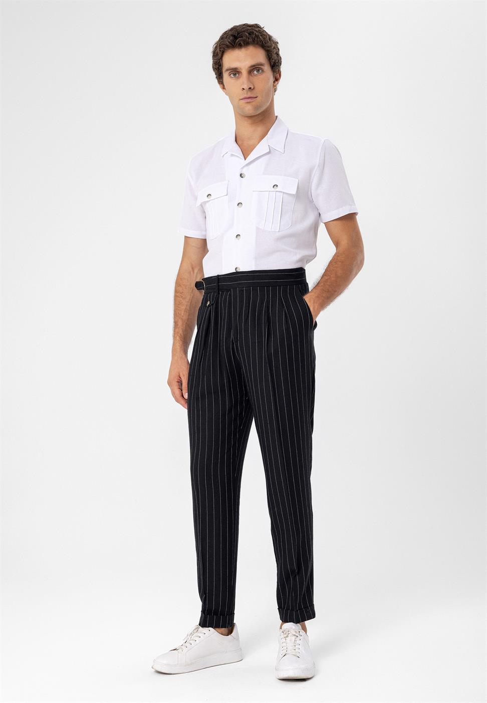 ارتفاع الخصر مشبك التفاصيل بنطلون مخطط للرجال