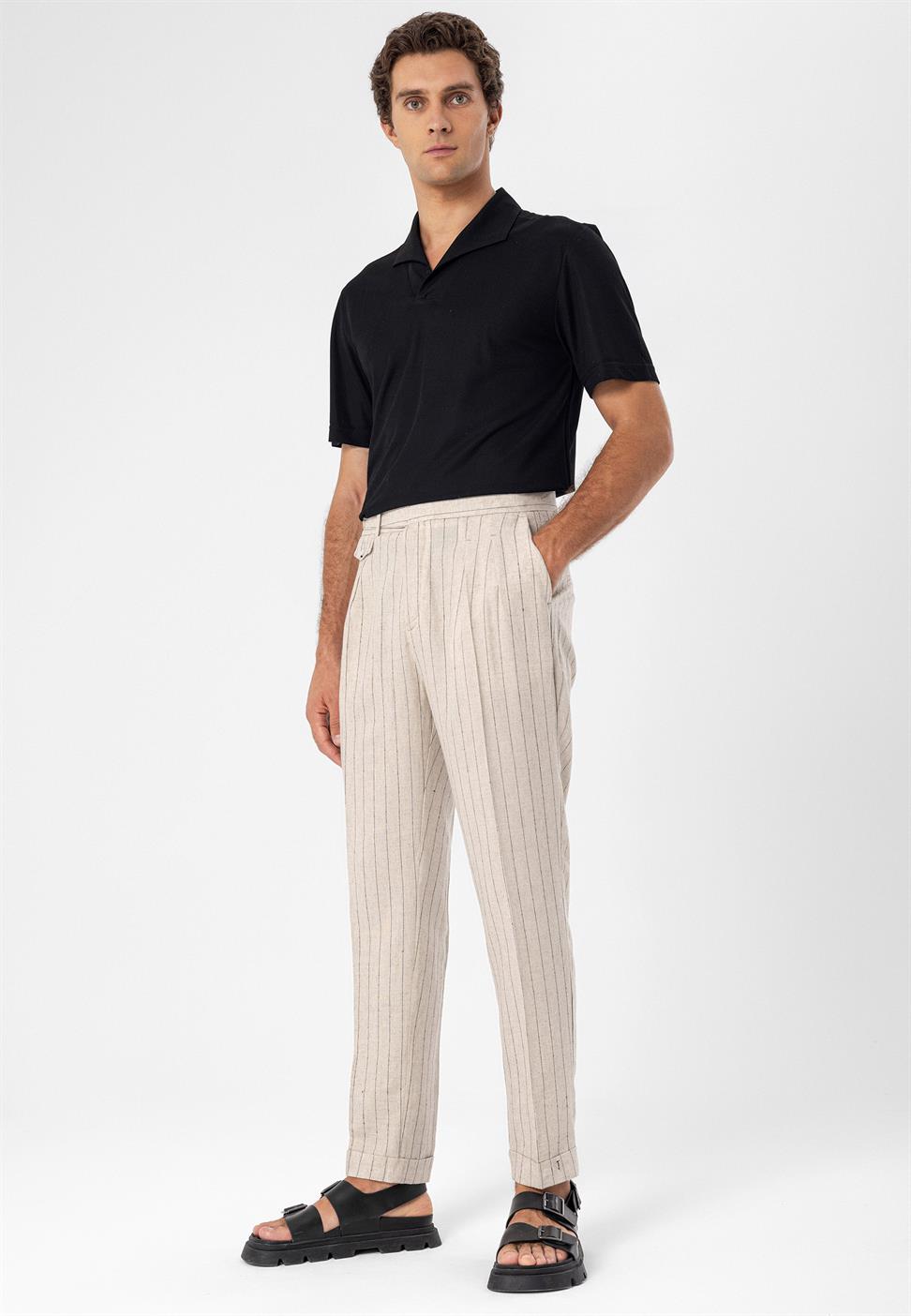 ارتفاع الخصر مشبك التفاصيل بنطلون مخطط للرجال