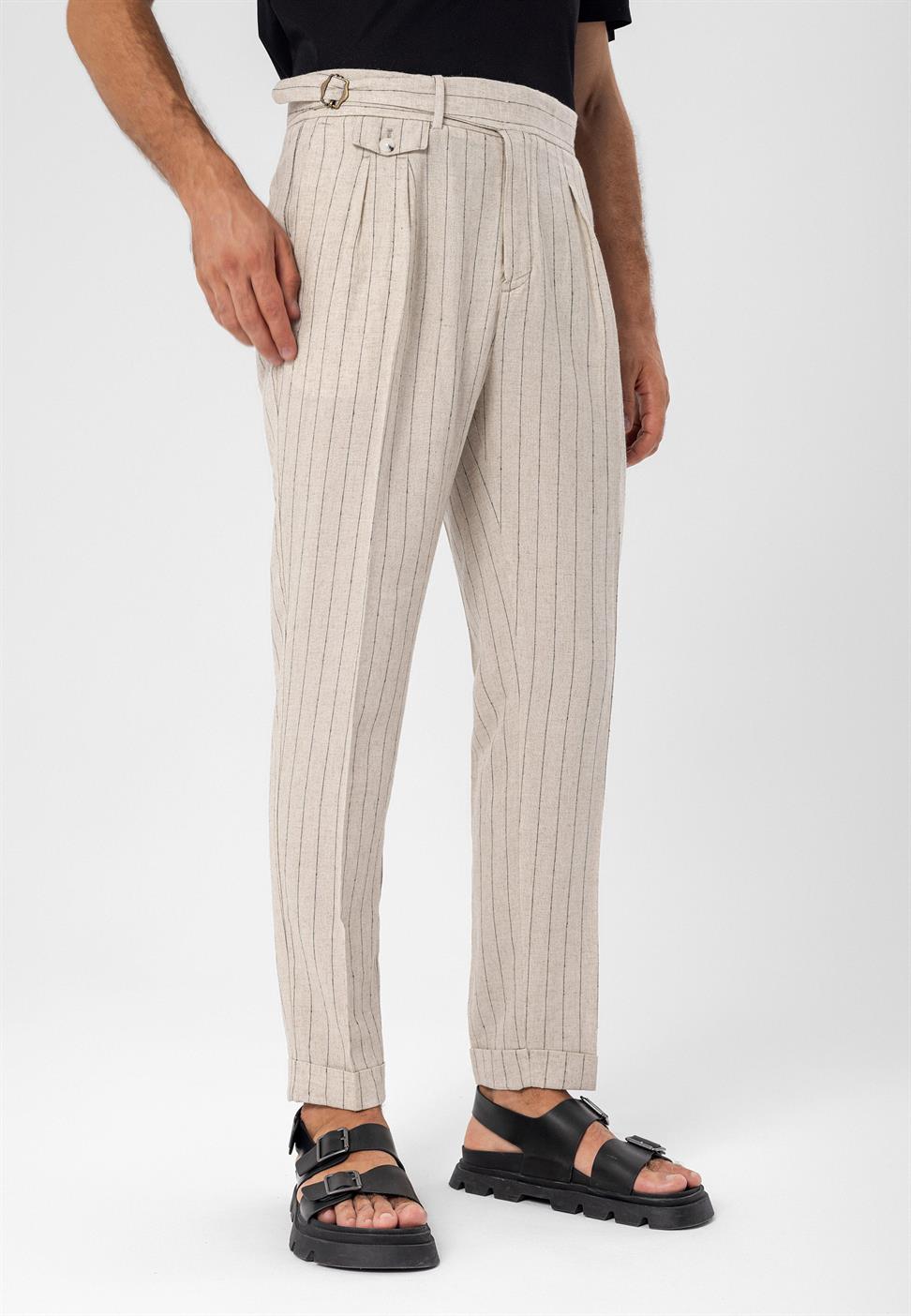 ارتفاع الخصر مشبك التفاصيل بنطلون مخطط للرجال