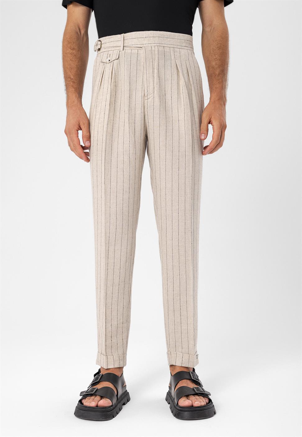 ارتفاع الخصر مشبك التفاصيل بنطلون مخطط للرجال