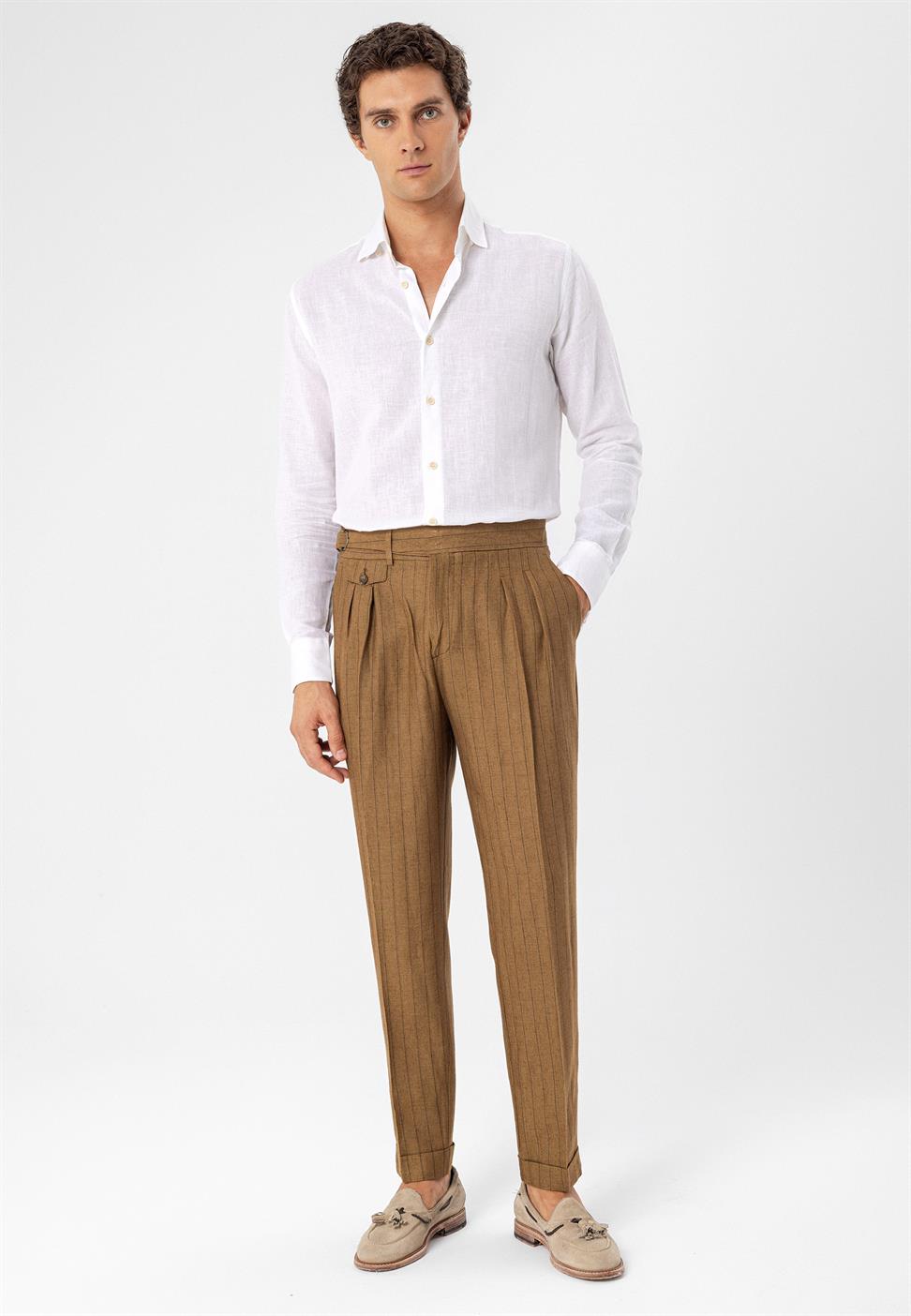 ارتفاع الخصر مشبك التفاصيل بنطلون مخطط للرجال