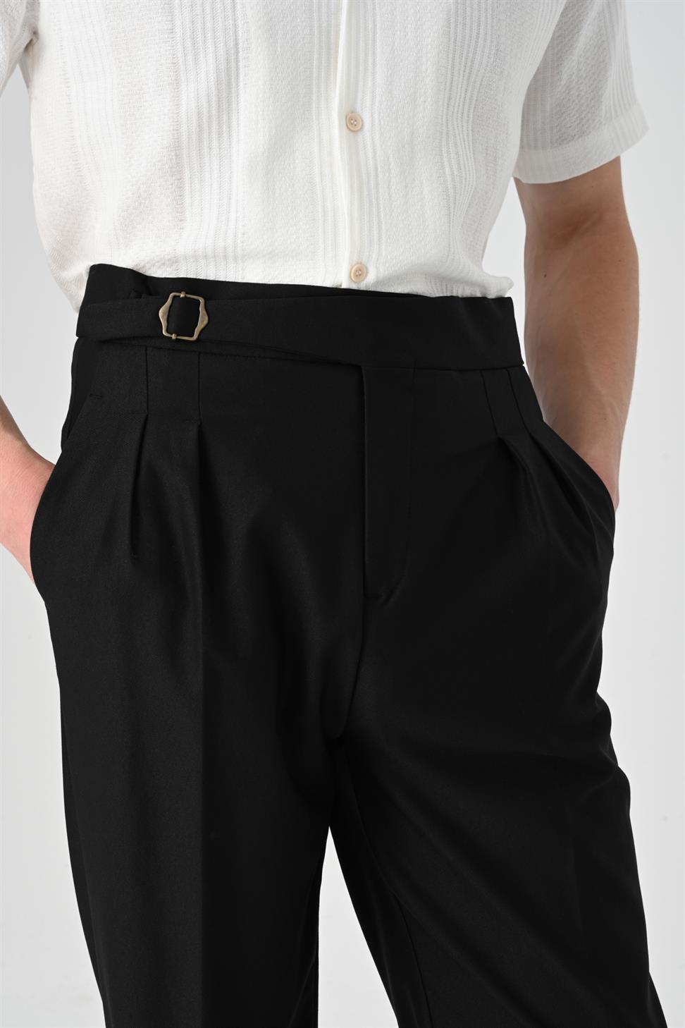 ارتفاع الخصر مشبك التفاصيل مطوي بنطلون للرجال