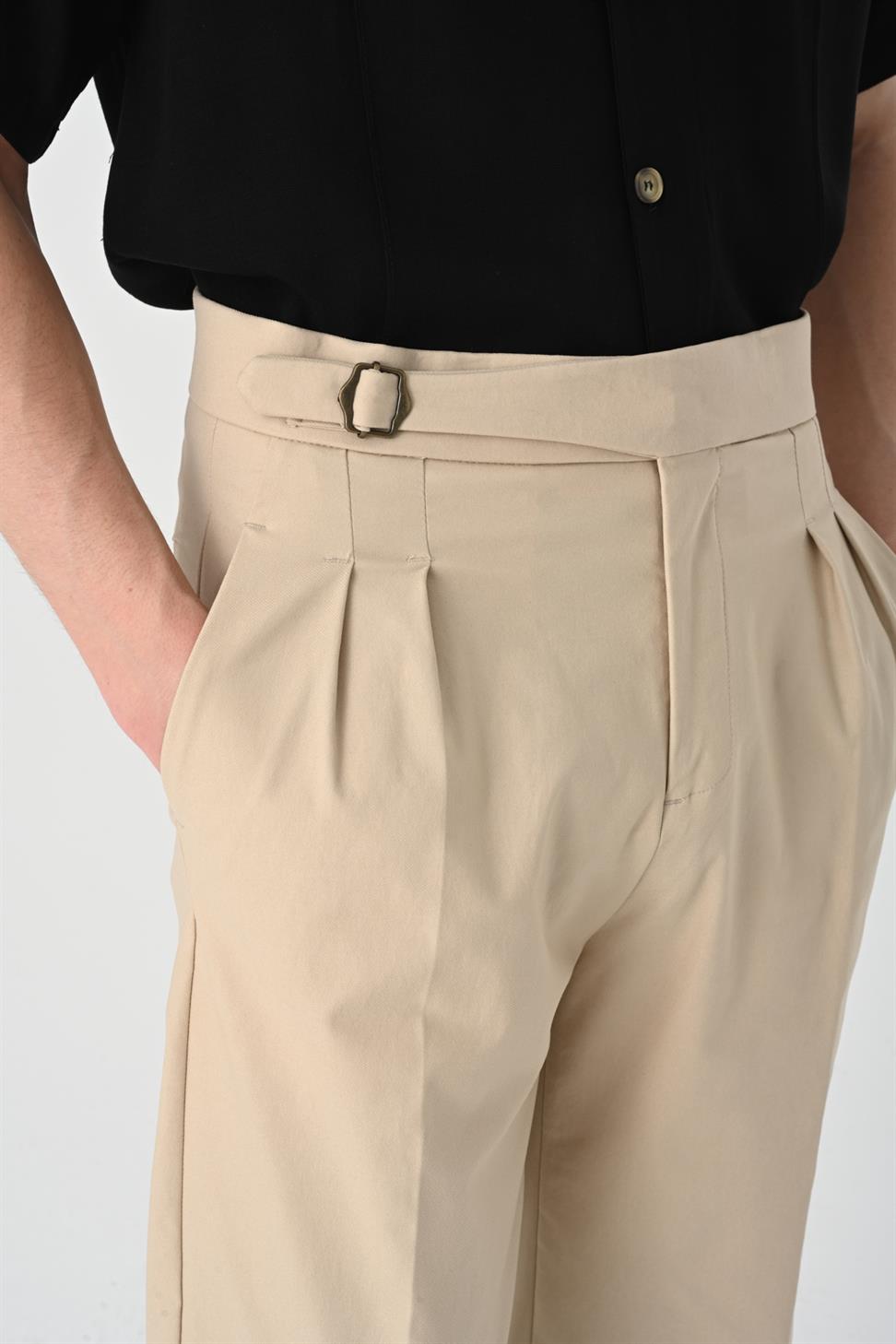 ارتفاع الخصر مشبك التفاصيل مطوي بنطلون للرجال