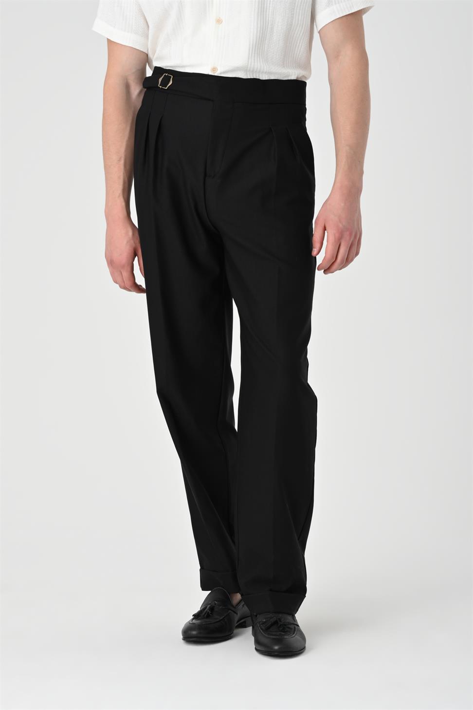 ارتفاع الخصر مشبك التفاصيل مطوي بنطلون للرجال