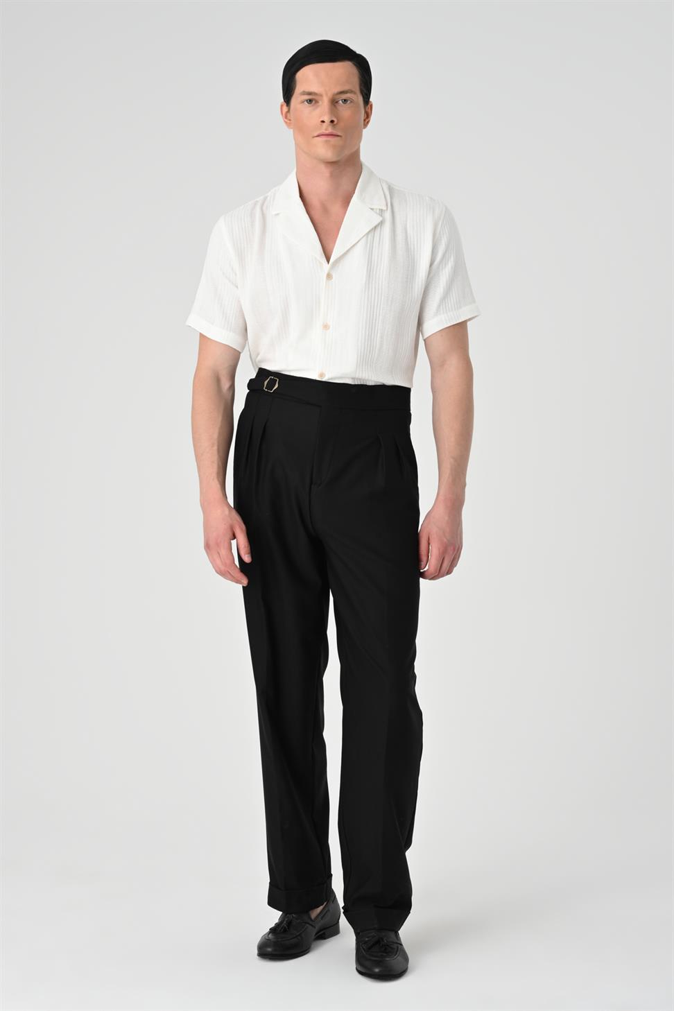 ارتفاع الخصر مشبك التفاصيل مطوي بنطلون للرجال