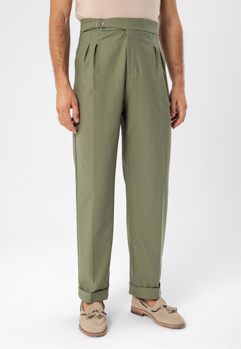 ارتفاع الخصر مشبك التفاصيل مطوي بنطلون للرجال