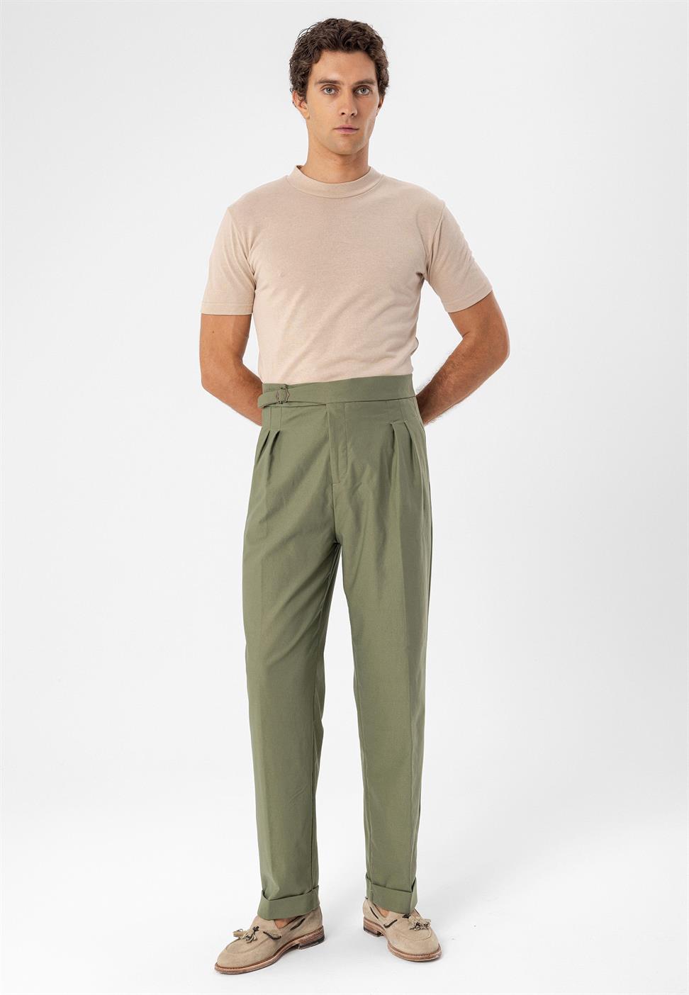 ارتفاع الخصر مشبك التفاصيل مطوي بنطلون للرجال