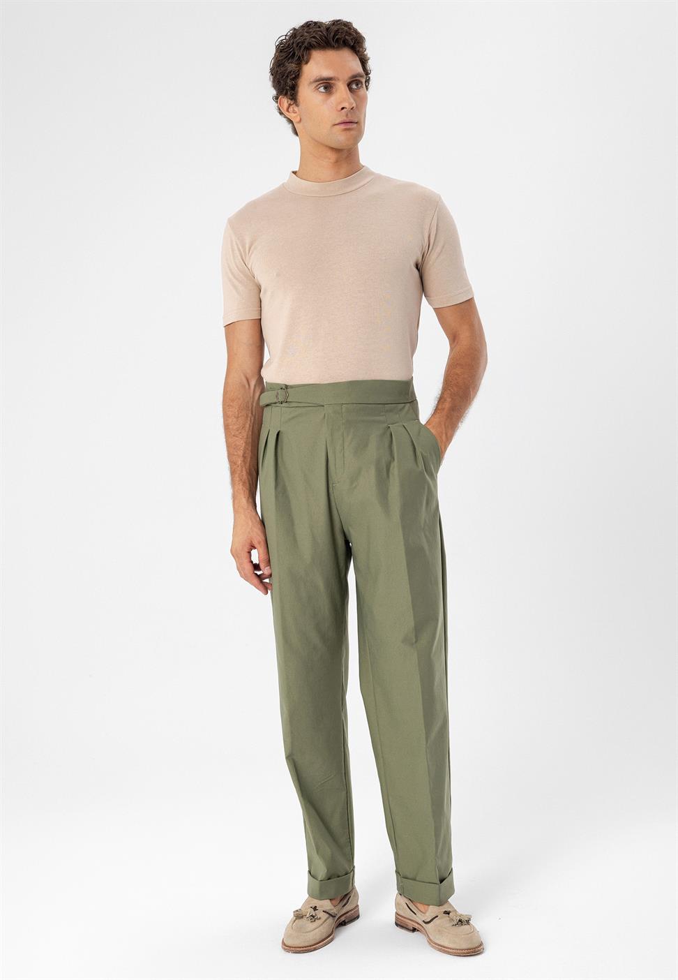 ارتفاع الخصر مشبك التفاصيل مطوي بنطلون للرجال